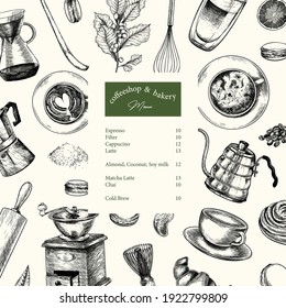 Coffeeshop and bakery set. Hand drawn coffee, matcha, croissant, macaron, kettle, mug, chasen, beans, food, barista equipment. Vector engraved composition Restaurant branding template menu design
