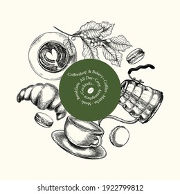 Coffeeshop and bakery set. Hand drawn coffee, matcha, croissant, macaron, kettle, mug, chasen, beans, food, barista equipment. Vector engraved composition Restaurant branding template menu design