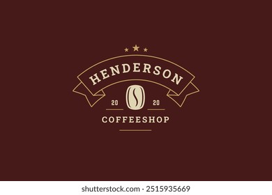 Coffeeshop bean with ribbon luxury retro logo design template vector flat illustration. Natural caffeine drink hot aroma beverage minimalist logotype for cafe cafeteria shop with star decor element