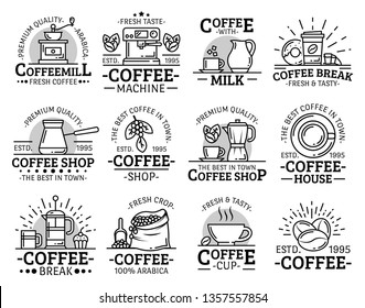 Coffeeshop, cafe or cafeteria and coffeehouse line icons. Vector premium quality coffee cup of cappuccino and americano, Turkish sezve maker and coffee beans, sugar and milk pot with donut dessert