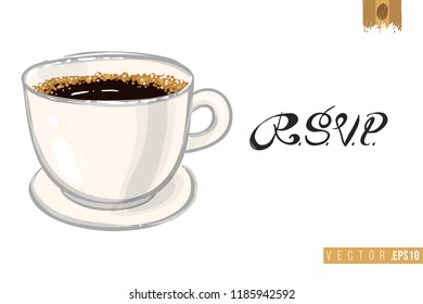 Coffee-shop or cafe flyer template with americano. Concept of greeting card with hand drawn illustration and motivation quote: rsvp.
