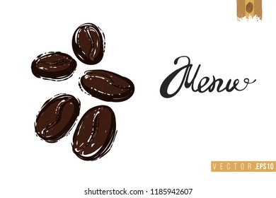 Coffee-shop or cafe flyer template with coffee beans. Concept of greeting card with hand drawn illustration and motivation quote: menu.