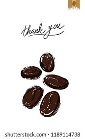 Coffee-shop or cafe flyer template with coffee beans. Concept of greeting card with hand drawn illustration and motivation quote: thank you.