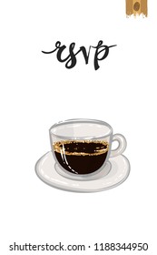 Coffee-shop or cafe flyer template with espresso. Concept of greeting card with hand drawn illustration and motivation quote: rsvp.