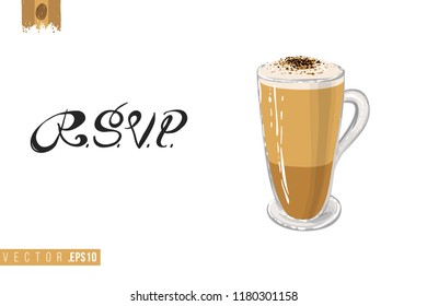 Coffee-shop or cafe flyer template with latte. Concept of greeting card with hand drawn illustration and motivation quote: rsvp.