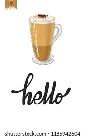 Coffee-shop or cafe flyer template with latte. Concept of greeting card with hand drawn illustration and motivation quote: hello.