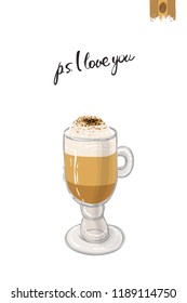Coffee-shop or cafe flyer template with macchiato. Concept of greeting card with hand drawn illustration and motivation quote: ps i love you.