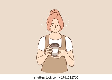 Coffeeshop and cafeteria concept. Young smiling woman barista cartoon character working at cafeteria standing and smiling holding coffee for clients vector illustration 