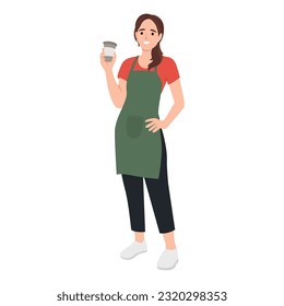 Coffeeshop and cafeteria concept. Young smiling woman barista cartoon character working at cafeteria standing and smiling holding coffee for clients. Flat vector illustration isolated 