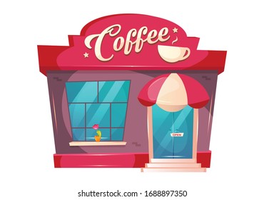 Coffeeshop Cartoon Vector Illustration. Cafe Building Front Flat Color Object. Eatery Kiosk Exterior. Bistro With Canopy Above Door. Bakery With Window. Cafeteria Entrance Isolated On White Background