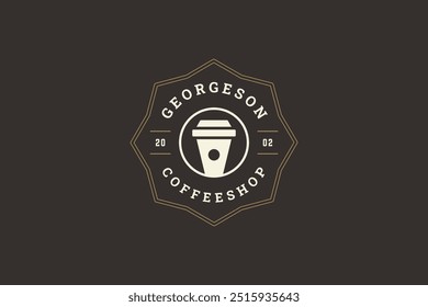 Coffeeshop coffee paper cup take away angular circle retro logo design template vector flat illustration. Traditional morning aroma hot beverage caffeine drink seal golden minimalist logotype