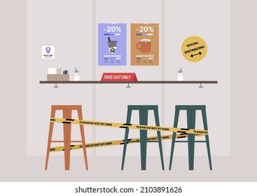 Un café durante el cierre, servicio de comida para llevar solamente, sin comida en el interior