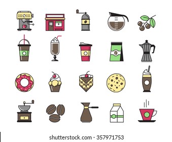 Coffeeshop Exterior, Coffee Machine, Cocktails And Coffee Equipment Cafe With Sweets Retail Service Bakery. Line Modern Flat Design Icon Vector Illustration Set For Your Web Design