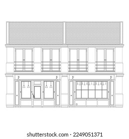 Coffeeshop Fassade Vorderansicht Farbseite. Französisches altes Gebäude. europäische Architektur. Vektorgrafik einzeln auf weißem Hintergrund.