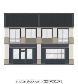 Coffeeshop facade front view with large windows. French old Building. European architecture. Colorful vector illustration isolated on white background.