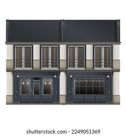 Vista frontal de la fachada del Coffeeshop de estilo realista. Edificio antiguo francés. Arquitectura europea. Ilustración vectorial colorida aislada en fondo blanco.