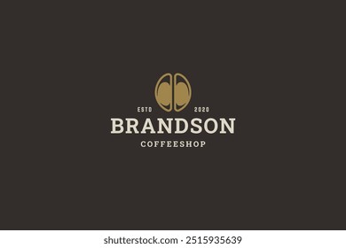 Coffeeshop golden coffee bean retro logo design template vector flat illustration. Natural traditional morning caffeine drink aroma beverage luxury minimalist logotype for cafeteria