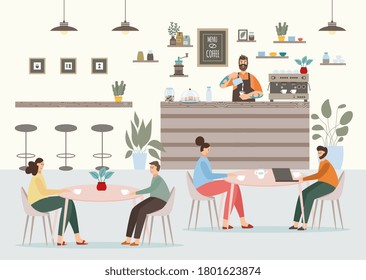 Coffeeshop interior with barista and customers drinking coffee and communicating, flat vector illustration. Coffee restaurant scenery with men and women sitting at tables.