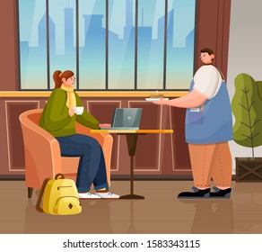 Coffeeshop interior, female character working on laptop while drinking coffee. Waiter with order for woman. Freelancer or student sitting inside of coffeehouse with cityscape view from window vector