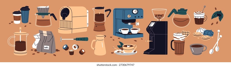 Coffeeshop items set. Kitchen appliances and tools for making coffe. Coffeehouse drinks and desserts. Coffee machine, cofee beans grinder, paper cups and mugs. Flat isolated vector illustrations