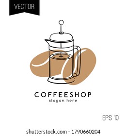 Coffeeshop logo or icon. Сoffee pot isolated on white background. Brown coffee beans.