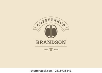 Coffeeshop natural coffee bean retro logo design template with ribbon vector flat illustration. Traditional aroma morning hot beverage take away paper cup old style minimalist logotype