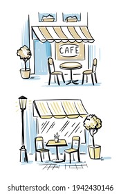 Coffeeshop Outsider. Two outdoor cafes. Hand drawn sketch Vector Illustration