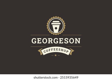 Coffeeshop retro luxury logo design template with coffee paper cup vector flat illustration. Morning hot caffeine beverage take away minimalist logotype with ribbon decorative element