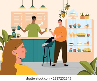 Coffeeshop scene concept. Man receives hot drinks in glass from barista. Waitress and small business owner. Restaurant or cafe menu. Cappuccino, latte and mocha. Cartoon flat vector illustration