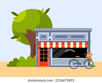 Coffeeshop. Street cafe.City cafe. Urban spring summer landscape. Small business concept. Flat design concept. Vector illustration.