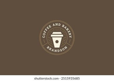 Coffeeshop take away bright coffee paper cup circle retro logo design template vector flat illustration. Traditional morning caffeine hot beverage cafe cafeteria shop store minimalist logotype