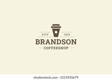 Coffeeshop take away coffee paper cup old style logo design template vector flat illustration. Aroma morning caffeine beverage to go menu hot fragrance drink cafe cafeteria minimalist logotype