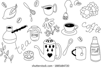 Coffee-tea big set. Vector doodle illustration. Here lemon, coffee beans, coffee pot, honey jar, honey spoon, milk jug, teapot, tea bag, crackers, echinacea flowers, cup of coffee, mug of tea teaspoon