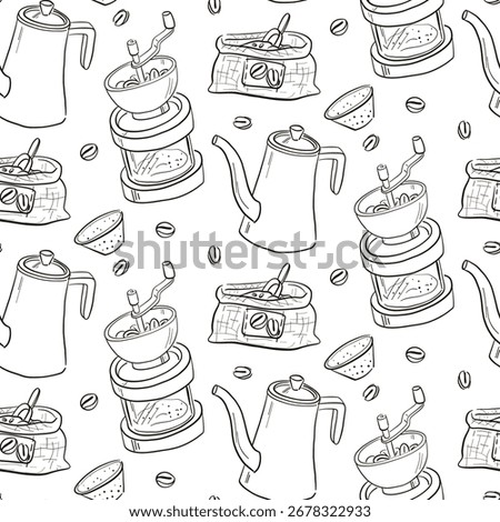 Coffee-themed doodle pattern. Black outline in a seamless texture. Copper teapot with long spout, Manual grinder, bagged coffee, Paper filter,  beans. Coffee drink. Cafe, coffee shop