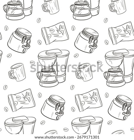 Coffee-themed doodle pattern. Black outline in a seamless texture. Drip coffee maker, zip bag of instant coffee, glass mug, sealed sugar jar with a spoon, beans. Making coffee drink. Cafe, coffee shop