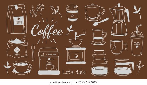 Coffee-themed illustration with coffee cups, coffee beans, and coffee makers. Aesthetic cafe illustrations, isolated vector set.