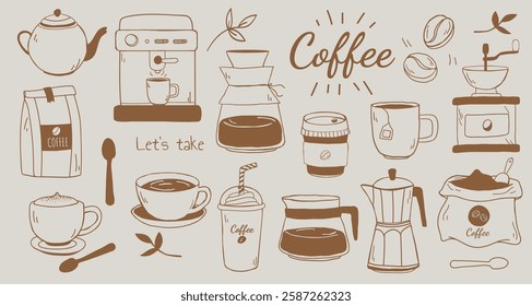 Coffee-themed illustration with coffee cups, coffee beans, and coffee makers. 