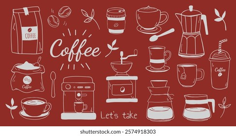 Coffee-themed illustration with cups, beans, and coffee makers. Coffee bags, cups, and coffee beans create a cozy coffee vibe. Doodle illustrations, vector set.