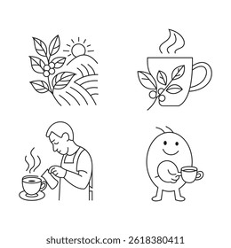 Coffee-themed line art icons featuring coffee plant-steaming cup-barista pouring coffee-and smiling coffee bean character