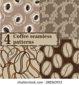 Coffee-themed seamless vector patterns set . 4 patterns with coffee beans.