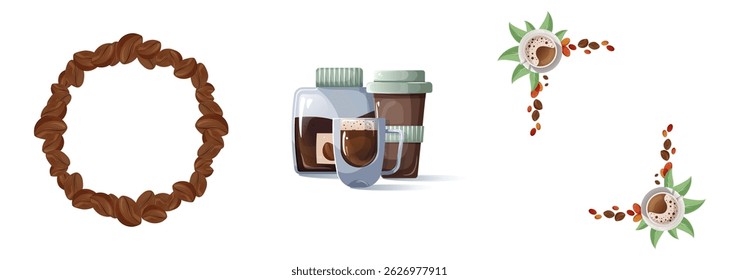 A coffee-themed set that includes a circular frame made of coffee beans, a set of three coffee utensils, and corner frames composed of beans, cocoa leaves, and filled coffee cups