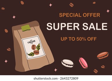 Coffee-themed super sale announcement with special offer and discount elements.
