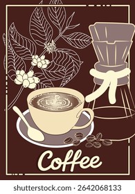 Coffee-themed vector illustration featuring a latte in a cup, Chemex brewer, and intricate floral elements. Ideal for decoration, cafe branding, and coffee-related projects.
