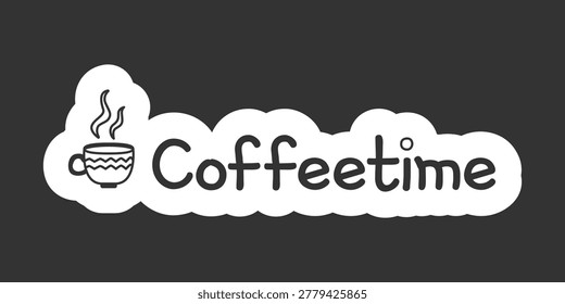 Coffeetime black and white line drawing sticker. Steaming coffee cup. Cozy coffeebreak. Doodle outline illustration isolated. Minimal planner icon label design. Monochrome printable clipart