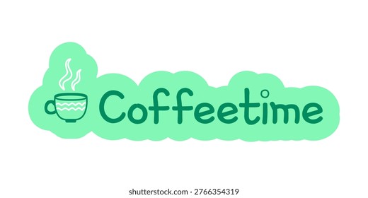 Coffeetime hand drawn line sticker illustration. Steaming coffee cup. Cozy coffeebreak. Digital planning clip art in doodle style. Colorful planner icon label. Bullet journal die cut element