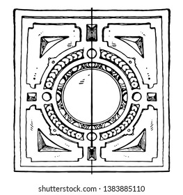 Coffer Frame of the German Renaissance, it was a round shape, vintage line drawing or engraving illustration.