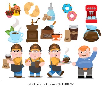 Coffeshop waiter and boss, cartoon character, illustration of coffeeshop concept