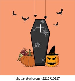 Coffin, Bat, Pumpkin, and Spider Web Halloween Vector 