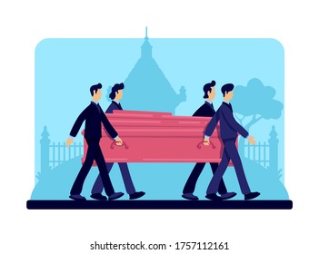 Coffin bearers flat color vector illustration. Funeral procession. Burial ceremony. Ritual service. Male in suits 2D cartoon characters with tombstones and crypt on background