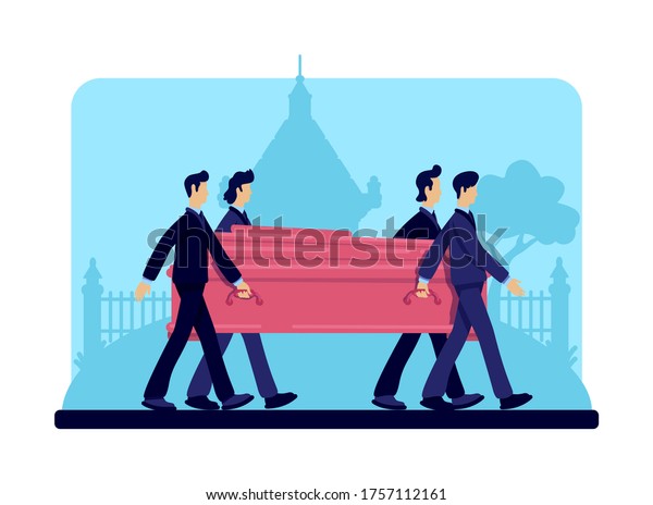 Coffin bearers flat
color vector illustration. Funeral procession. Burial ceremony.
Ritual service. Male in suits 2D cartoon characters with tombstones
and crypt on background